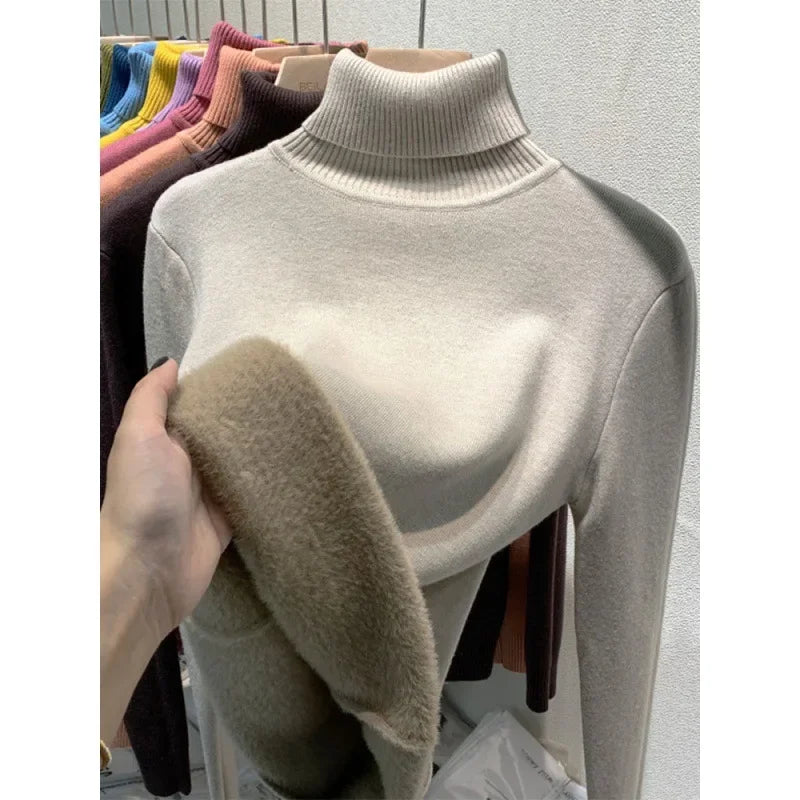 Fleece-lined Thickened High Collar Sweater For Women Autumn/winter Stylish Knit Warm Top Trendy Fleece-lined Base Layer Top