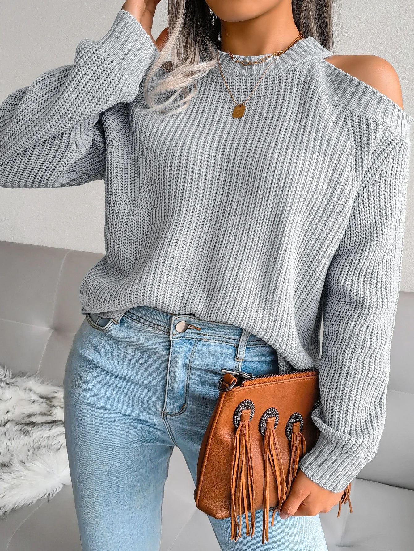 Autumn Winter Casual Solid Color Crew Neck Off Shoulder Long Sleeve Knitted Pullover For Women Sweater Top