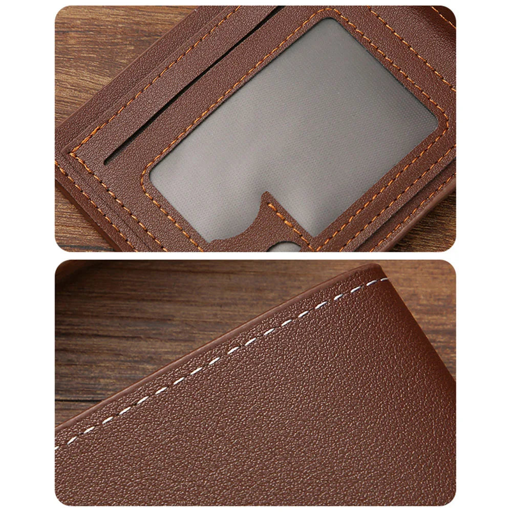 Lychee Texture PU Leather Men's Wallet Short Cash Purse Multi Card Slot Patchwork Card Holder Photo Holder Horizontal Money Clip