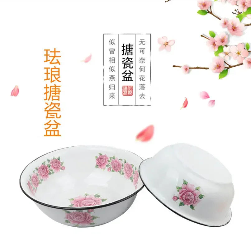 Extra Thick Enamel Basin Washbasin Kneading Fruit Kitchen Vegetable Washing Dishwashing Dining Room Sets Flower Pattern Nordic