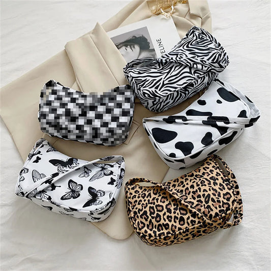 Women Shoulder Bag Fashion Animal Pattern Print Bag Casual Nylon Butterfly Leopard Zebra Cow Print Women Handbag Underarm Bags