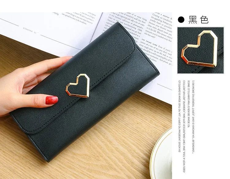 2024 Women Tri-Fold Wallet Metal Heart Pattern Girls Money Pocket Card Holder Luxury Designer Phone Clutch Fashion Card Holder