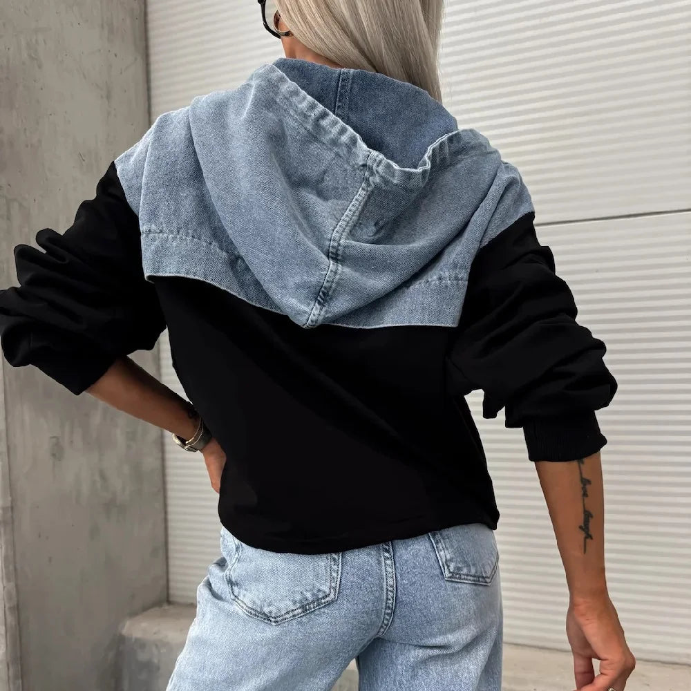 Women Autumn Hoodies Sweatshirt Ladies Long Sleeve Denim Stitching Pullovers Sweatshirts Tops