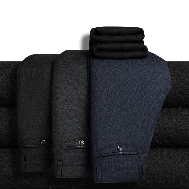 Men's Fleece Lined Suit Pants Business Casual Loose Straight Black Formal Dress Pants Navy Blue Thick Warm Trousers