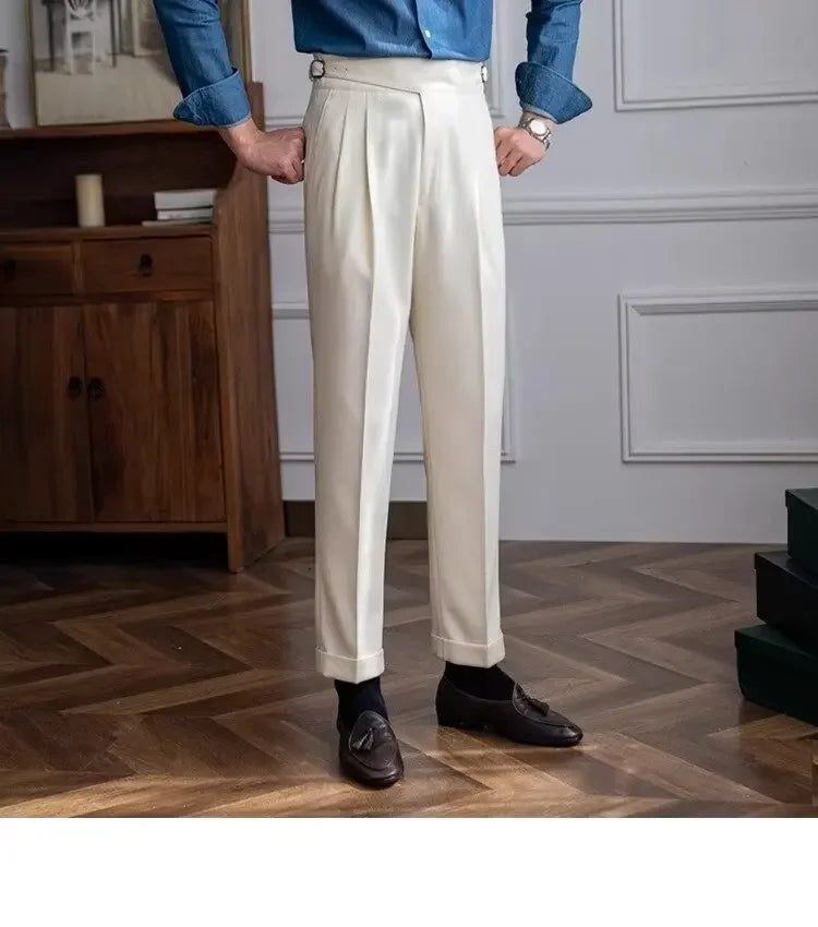 Spring Autumn White Men's Trousers Business Casual Cropped Pants Paris Button Trendy Italian Style