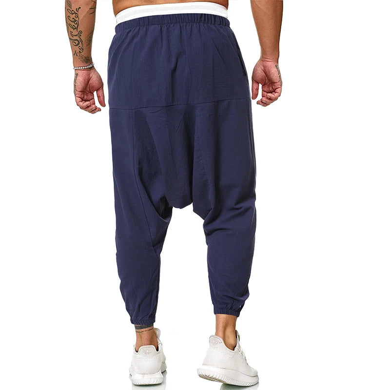 Fashion Cotton Linen Harem Pants Men Solid Elastic Waist Streetwear Joggers Baggy Drop-crotch Pants Casual Trousers Men