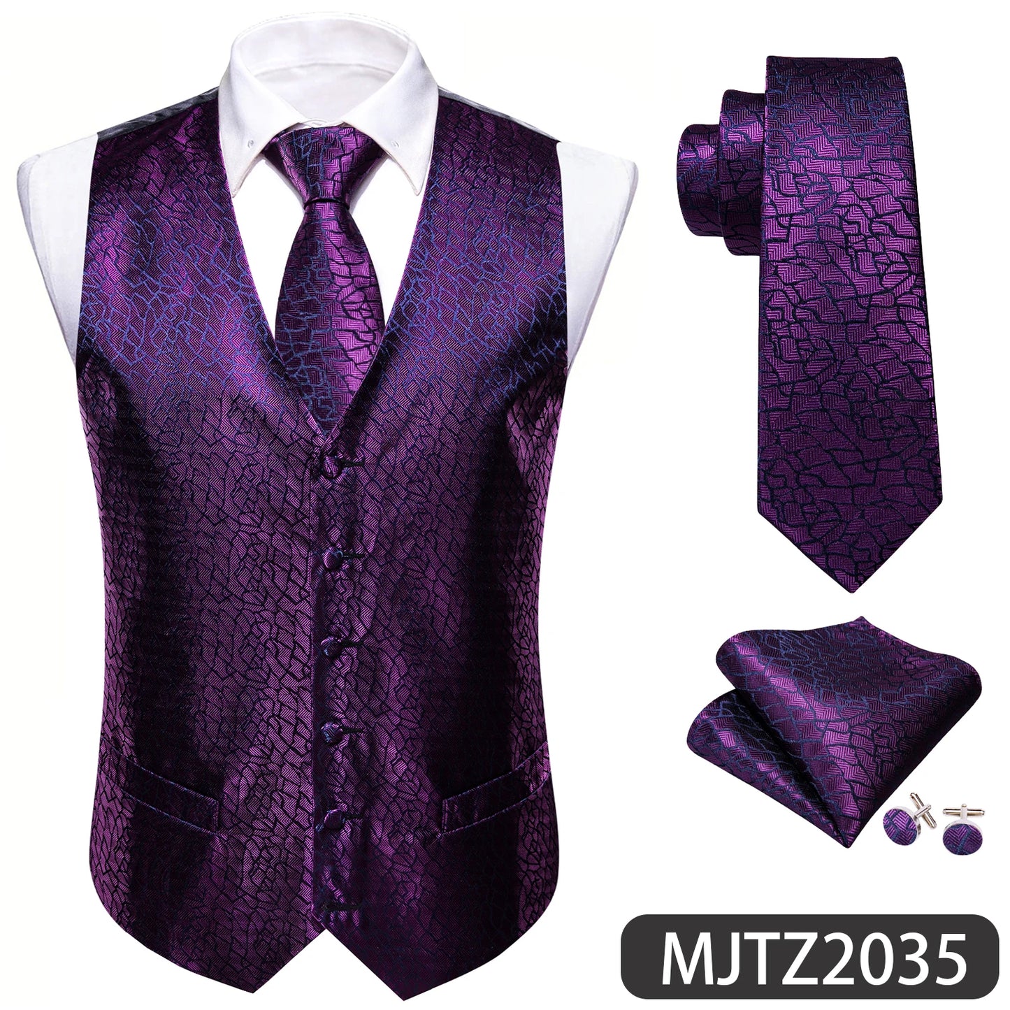 Lilac Purple Violet Lavender Silk Men Vest Tie Hanky Cufflinks Set Woven Waistcoat Sleeveless Jacket Wedding Business Barry.Wang