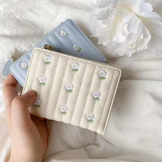 PU Leather Short Wallet New Mini Zipper Money Bag Solid Color Flower Card Holders Girl