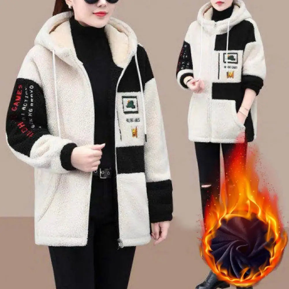 Zipper Closure Lady Coat Women Lightweight Jacket Cozy Hooded Colorblock Jacket Plush Embroidered Stylish Winter Coat for Women