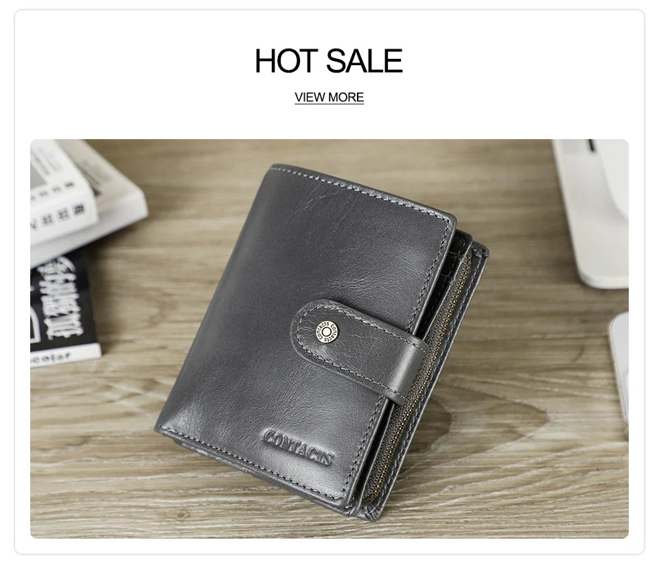 CONTACT'S Genuine Leather RFID Vintage Wallet Men With Coin Pocket Short Wallets Small Zipper Wallet With Card Holders Man Purse