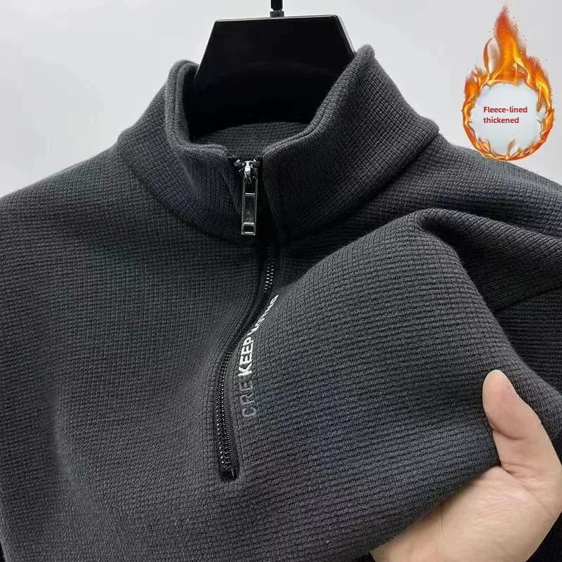 New Men's Fleece-lined Thickened Sweatshirt Half-zip Up Winter Warm Casual Long Sleeve Stand Collar Base Layer Top