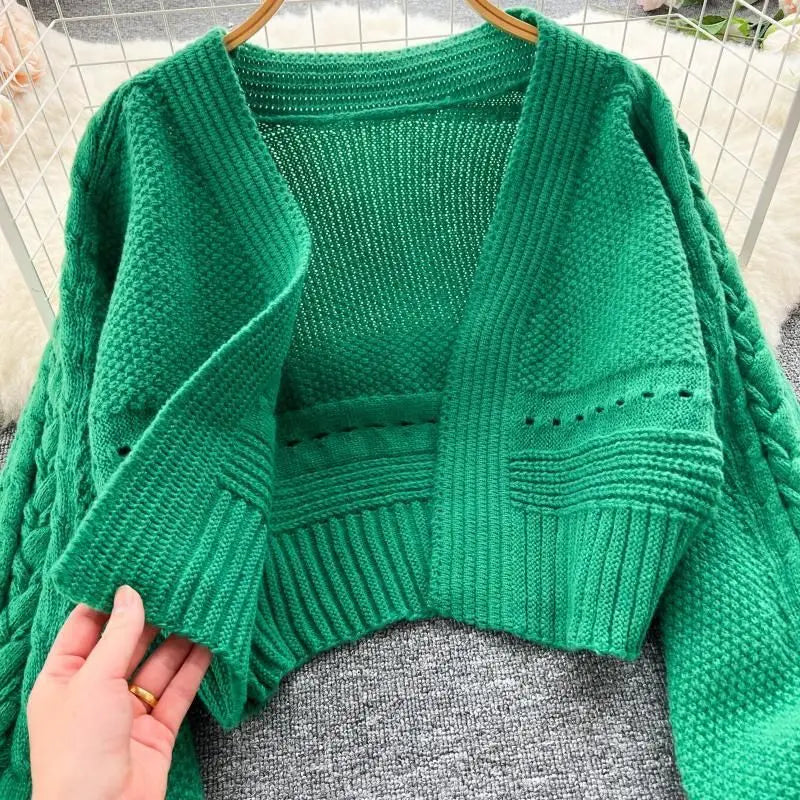 Green Casual Acrylic Knit V-Neck Lantern Long Sleeve Lace Up Women's Cardigan Sweater Short Cardigan For Women Clothing 2024