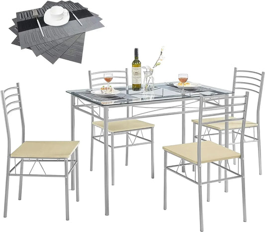 Kitchen Dining Room Sturdy Stable Table and Chairs 4, 5-Piece Dinette Sets, Space Saving (Silver), 43.3",Easy Assembly