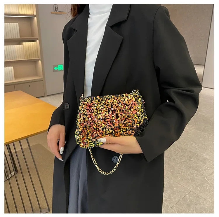 Sequins Crossbody Chain Bag Simple INS Solid Color Sequins Shoulder Bag Underarm Bag Phone Purse Evening Clutch Bags Handbag