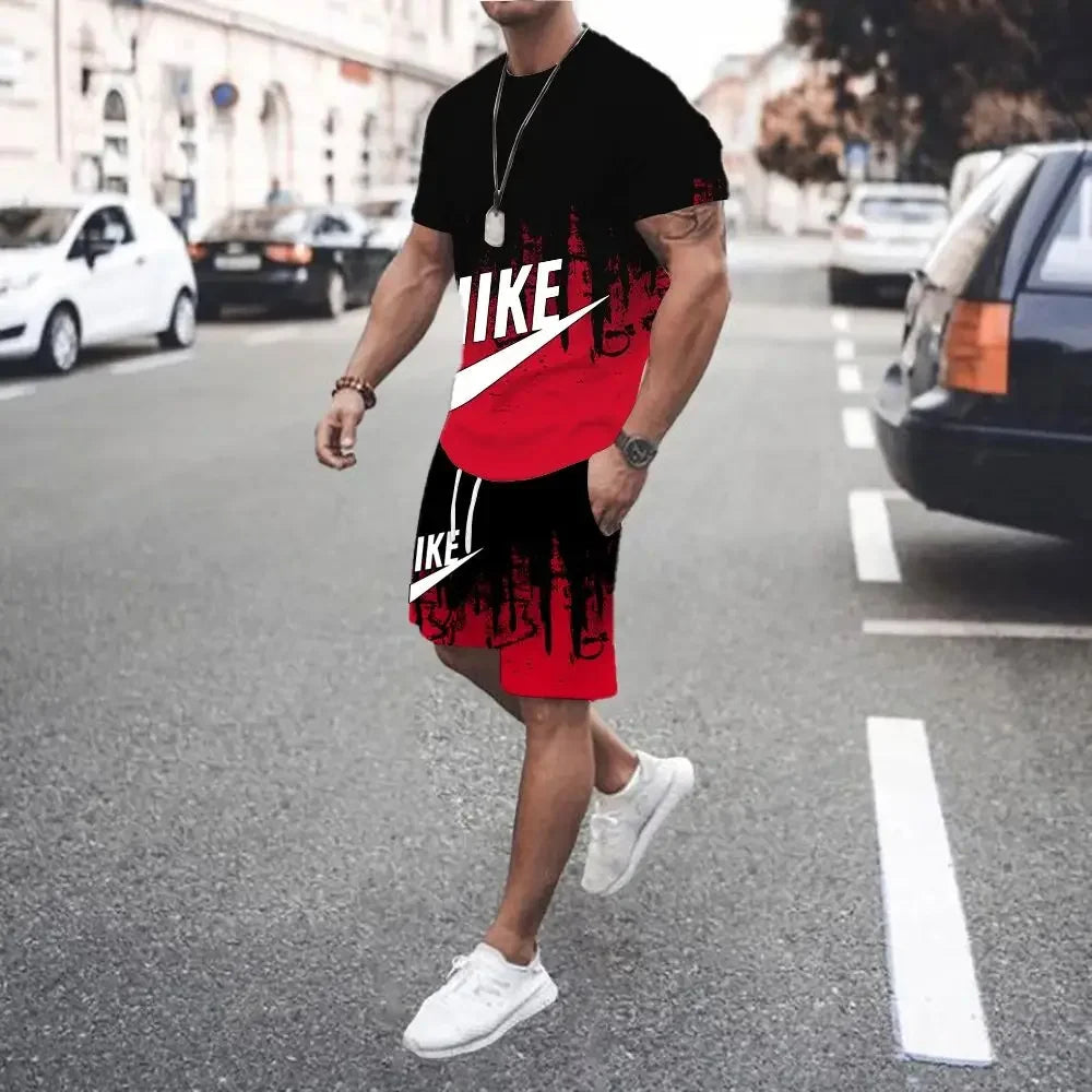 Hot New Running Training Fitness Suit Men's Fashion Printed T-Shirt Shorts Casual Elastic Mesh Breathable Two-piece Set S-4XL