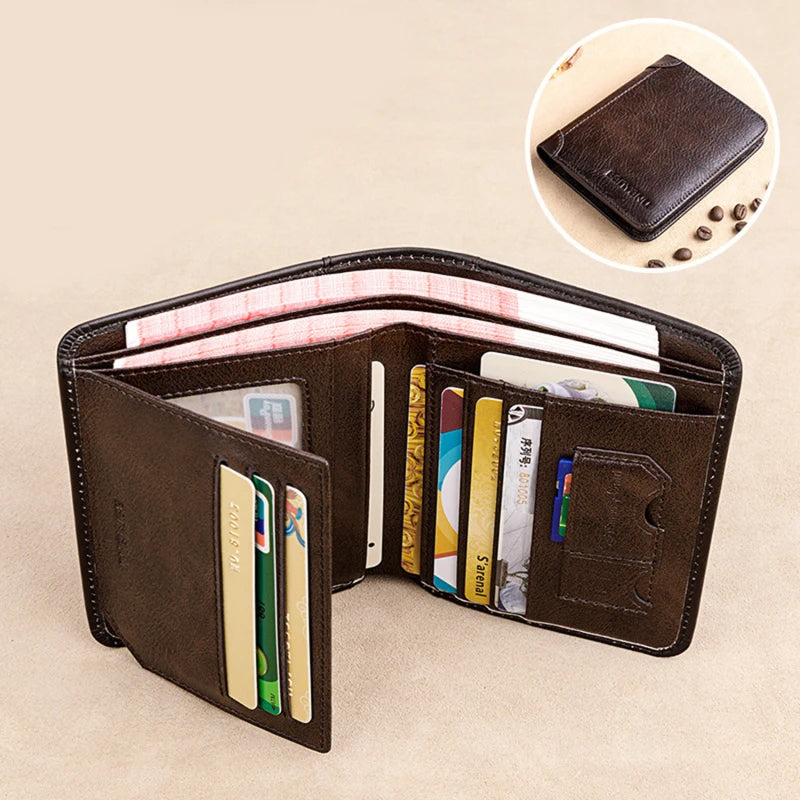 Genuine Leather Rfid Protection Wallets for Men Vintage Thin Short Multi Function ID Credit Card Holder Money Bag