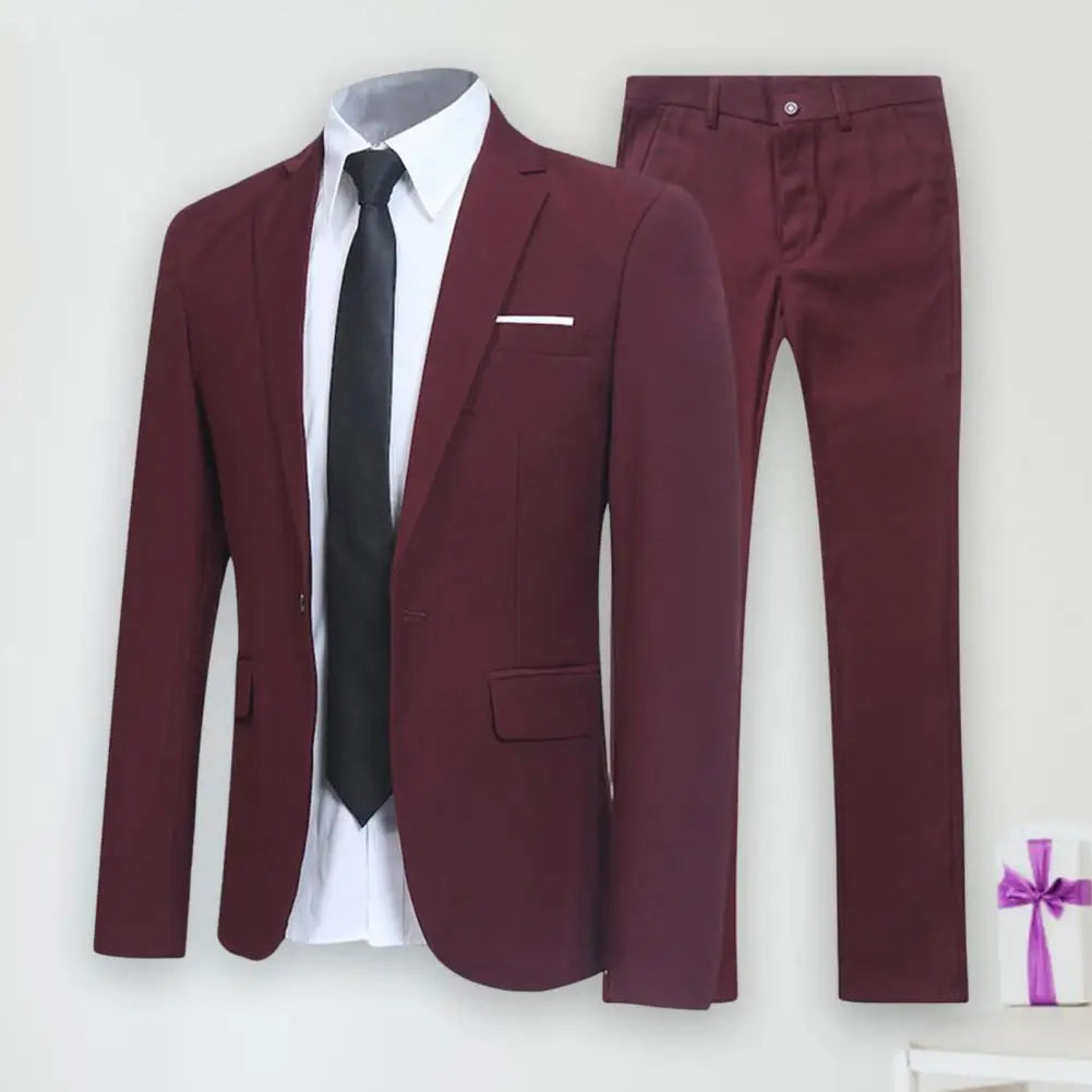 Men's Casual Boutique Business SuitSolid Color Turndown Collar Slim Fit Wedding Groom Suit Coat Blazers Trousers Suit Men's Sets