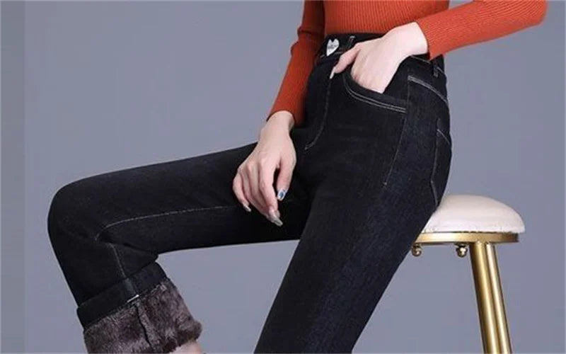 Winter Plush Velvet Lined Flare Denim Pants Skinny Casual Warm Thicken High Waist Women Jeans Snow Wear New Stretch Vaqueros