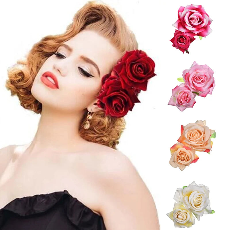 Flamenco Flowers For Hair DIY Headdress For Bridal Flocking Cloth Red Rose Flower Hairpin Hair Clip Party Hair Accessories