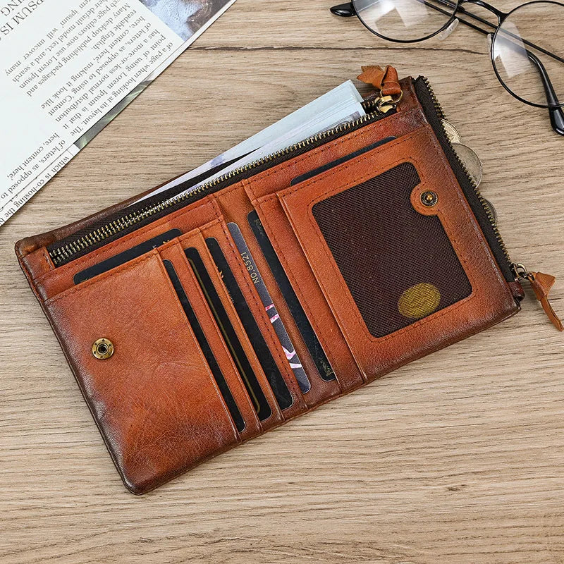 Leather Men‘s Short Wallet Hasp Genuine Leather Unisex Zipper Coin Clutch Purse Cowhide Card Holder Trifold Man wallets