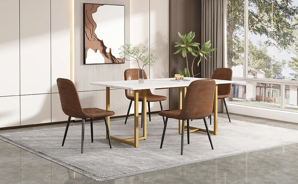 VSOGA Dining Group (5-tlg), 4 Chairs dining table Modern Kitchen Table Vintage Dining Chairs Faux Leather L Shaped Golden Table Legs