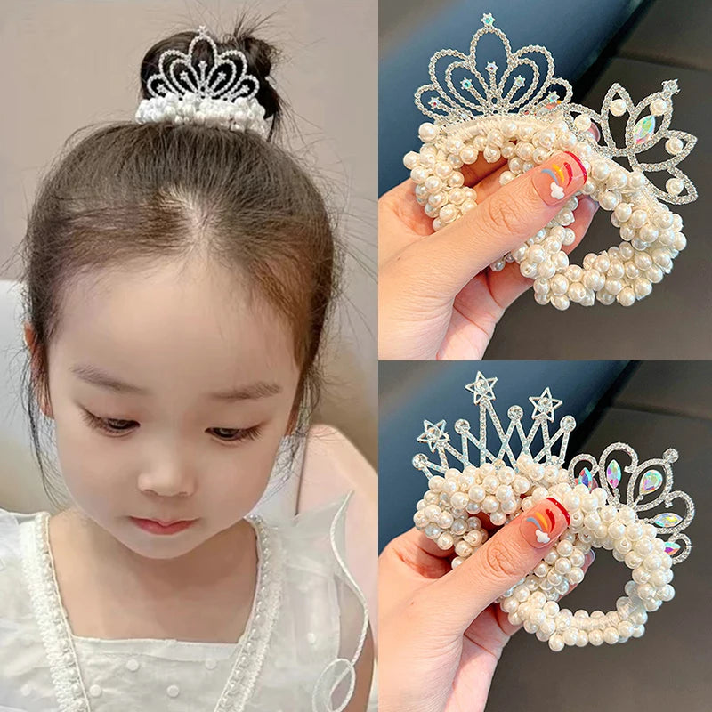 2PC Fashion Pearl Crown Princess Hair Bands Elastic Rubber Bands Children Ball Hair Bun Ties Hair Styling Accessories