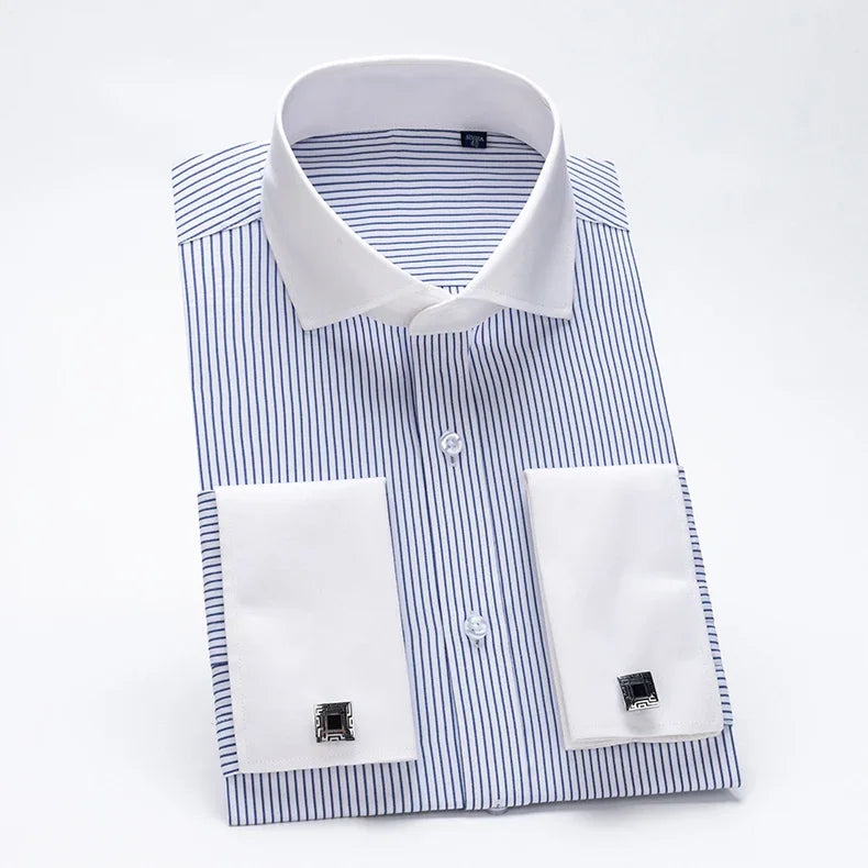 Men's French cufflink shirt with slim fit and contrasting color collar, Windsor collar, striped formal long sleeved shir