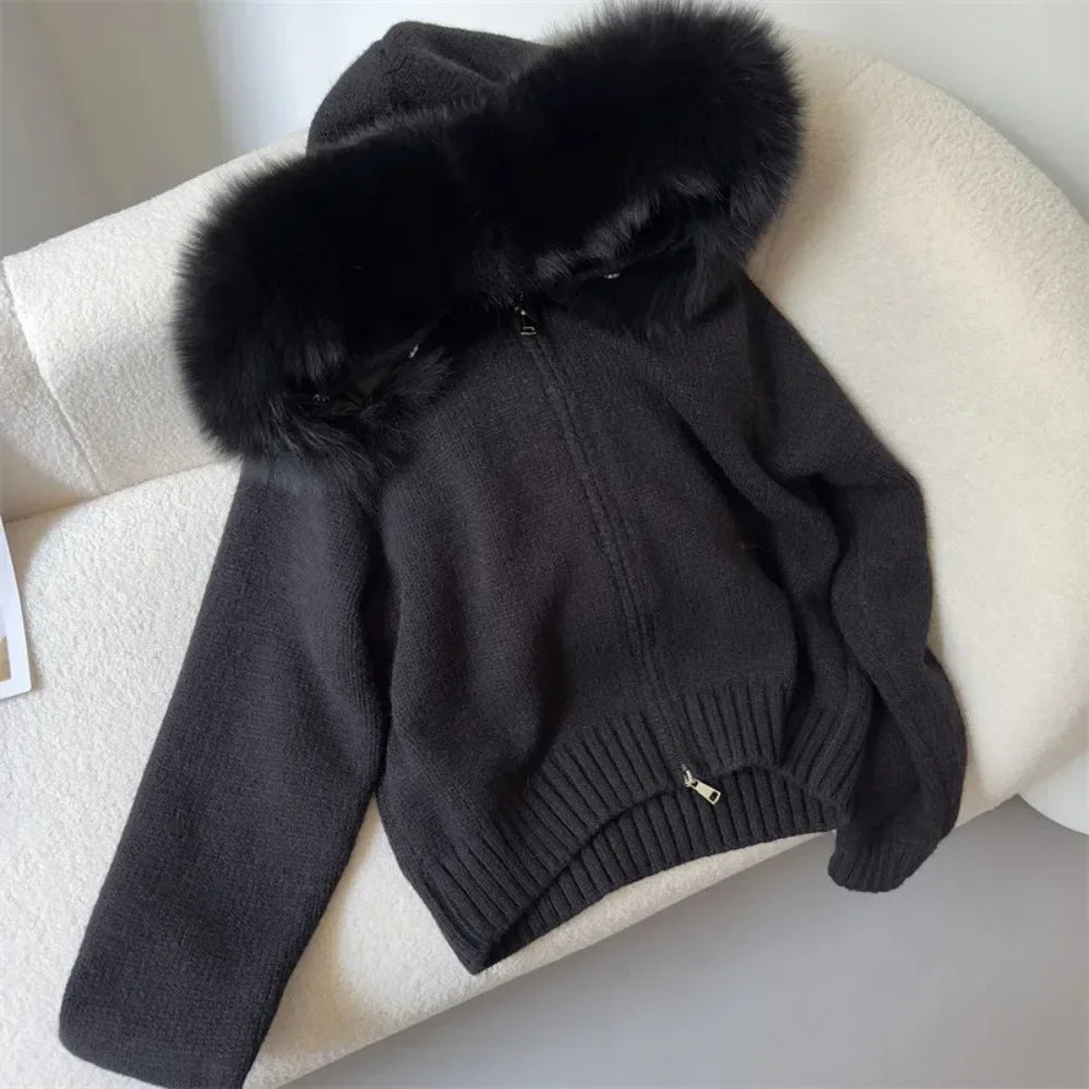 2024 Fashion Autumn Winter Casual Hooded Real Fox Fur Collar Fashion Short Knitted Jacket with Natural Fur Coat for Women