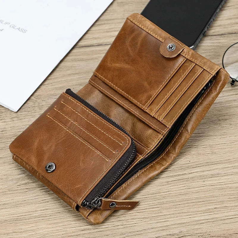 Leather Men‘s Short Wallet Hasp Genuine Leather Unisex Zipper Coin Clutch Purse Cowhide Card Holder Trifold Man wallets