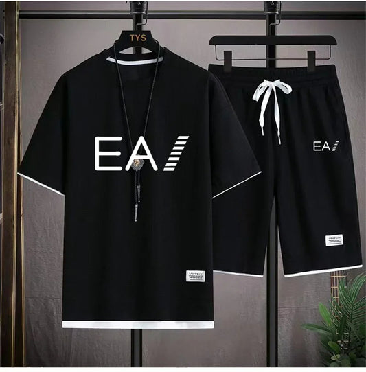 Men's summer new round necked short sleeved and shorts two-piece set with the letters EA1 printed, fashionable and casual set