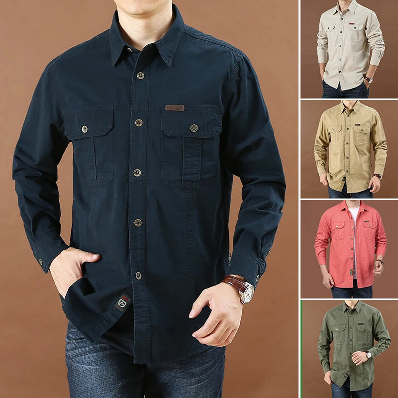 Chemises en jean à manches longues pour hommes, 100 % coton, pour sports de plein air, militaires, décontractées, randonnée, camping, printemps-automne 2023