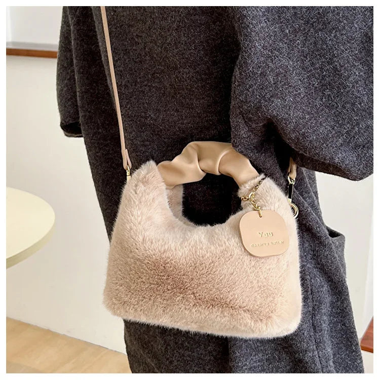 New Fashion Women Lady Shoulder Underarm Bag Solid Color Soft Plush Handbag Fluffy Totes Purse Autumn Winter Shopping Bag