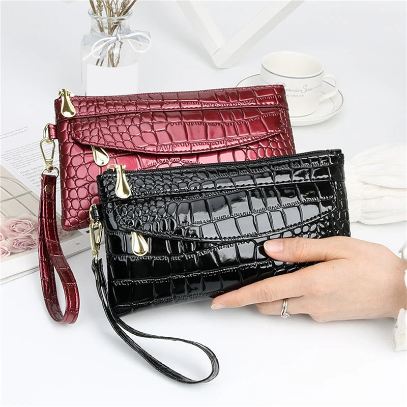 Portefeuilles en cuir verni pour femmes, portefeuille long à double fermeture éclair, pochette design, porte-monnaie rouge, porte-monnaie en crocodile