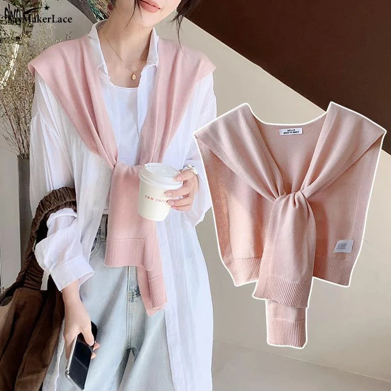 1pcs For Women Korean Knitted Shawl Summer Air Conditioning Fake Collar Neck Guard Knit Thin Knotted Cape Shoulder Scarf