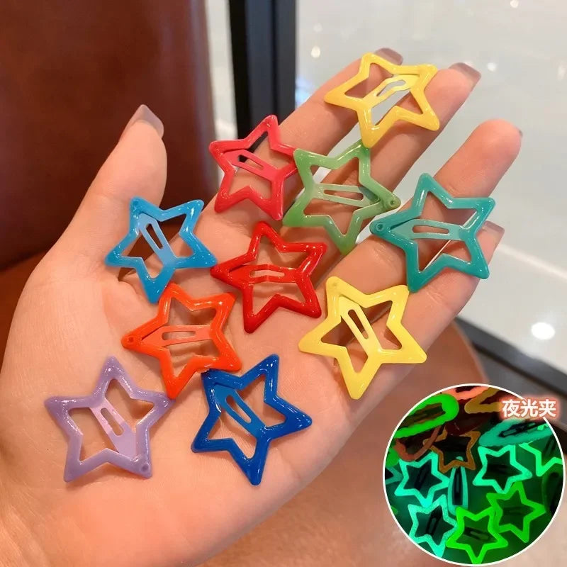 10pcs Colorful Glow in The Dark Star Heart Hairpin BB Snap Clips Luminous Barrettes Girls Hair Grip Kid Headdress Accessories