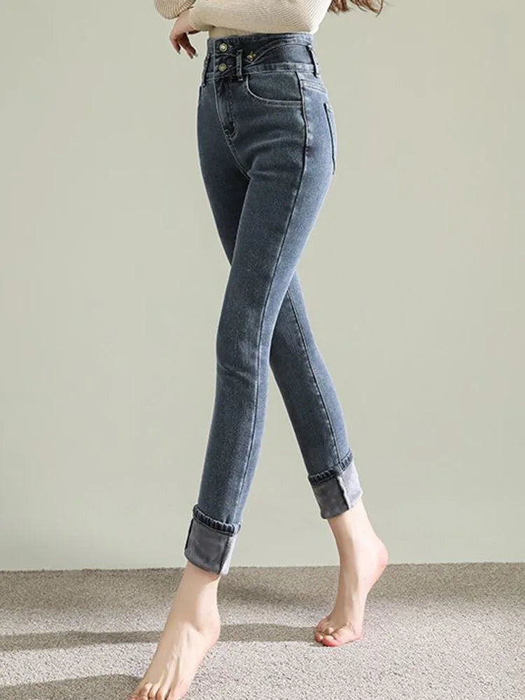 Women Thicken Skinny Pencil Jeans Winter Warm High Waist Stretch Velvet Lined Vintage Denim Pants Korean Solid Y2k Slim Vaqueros