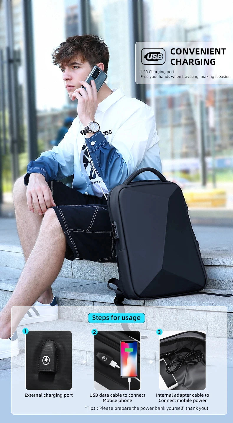 Men's 15.6 inch Laptop Backpack Expandable Travel Bag Waterproof Anti-theft Business Backpack USB Charging ABS Hard Shell Bag