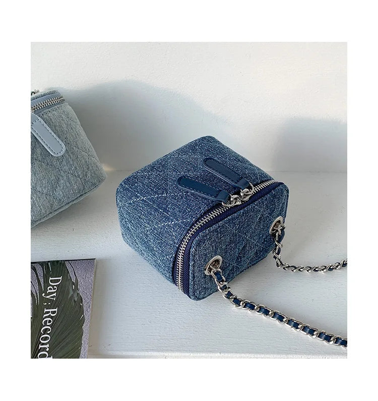 Mini Denim Crossbody Bags for Women 2023 Lingge Chains Shoulder Bag Fashion Brands Box Bag Lipstick Coins Purses and Handbags