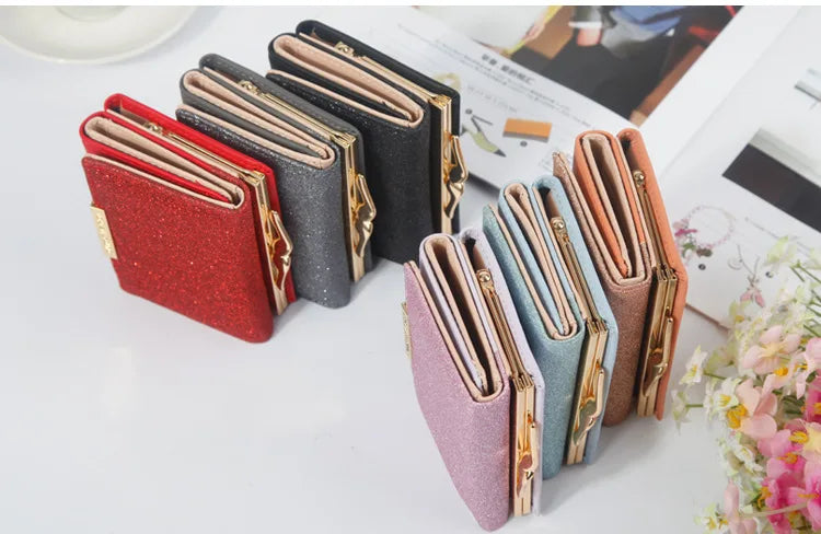 Metal Buckle Ladies Bright Leather Fashion Purse,Women's Short Wallet, Small Shiny Leather Three Fold Leather Wallet Billfold