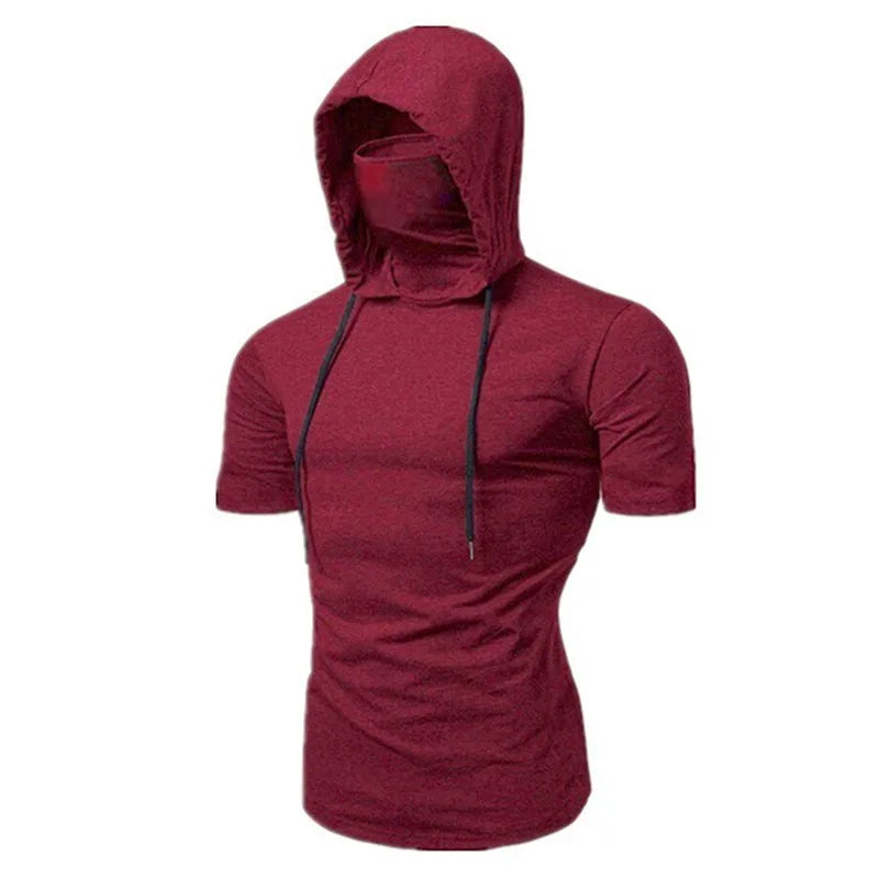 Sweat à capuche fin à manches courtes pour homme avec masque Sweat-shirt décontracté à épissure Grand masque Sweat-shirt à capuche Hauts à capuche Cyclisme