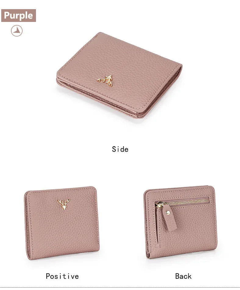 Cowhide Women's Purses Short Thin Small Wallet Chic Christmas Deer Button Ladies Genuine Leather Card Holder Wallet Coin Purse