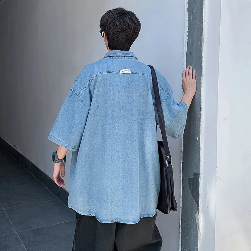 Summer Brand Denim Shirt Men Short Sleeve Cargo Shirt Coat Loose University Handsome Top Clothes 2023 Cowboy Oversize