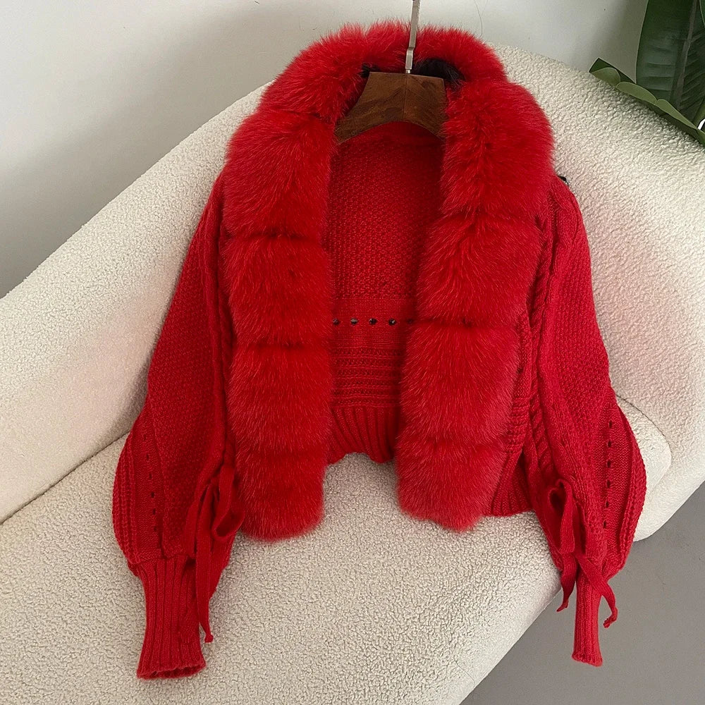 New Knitting Cardigan 2024 Winter Women Knitted Jacket with Natural Fur Placket Coat Casual Real Fox Fur New Fashion Short Warm