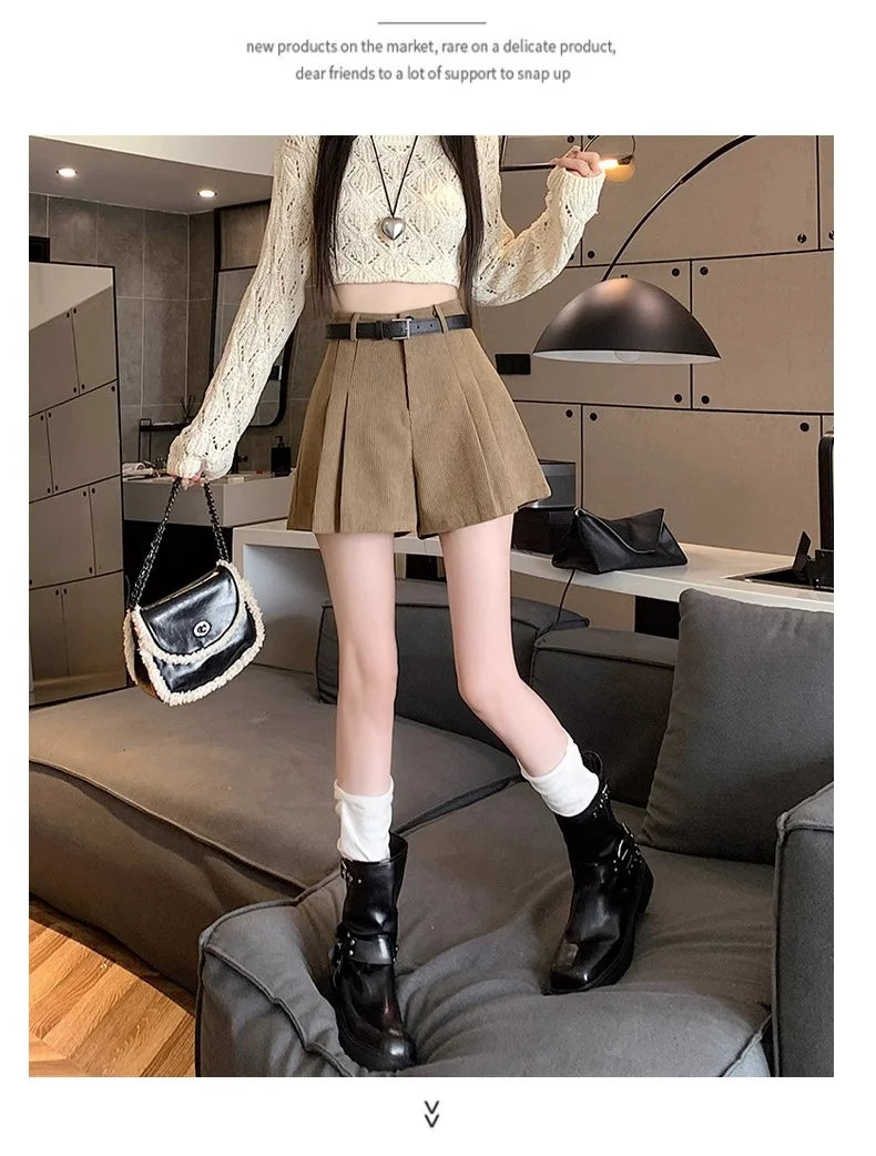 Corduroy Velvet Women Shorts Autumn Winter High Waist Slim Flared Trousers Fashionable Temperament A- crotch Boots