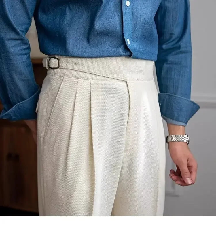 Spring Autumn White Men's Trousers Business Casual Cropped Pants Paris Button Trendy Italian Style