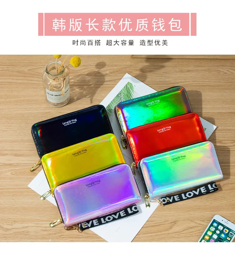 Women's Long Wallet Laser Holographic Wallet Women Long Pu Purse Fashion Female Clutch Large Capacity Zipper Purses Phone Purse