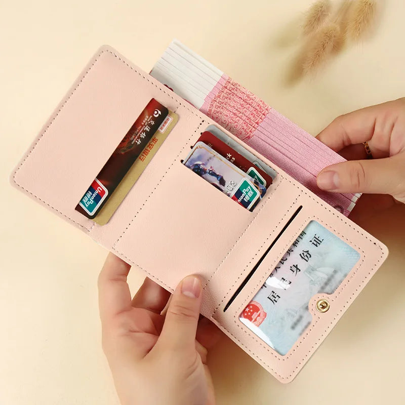 Cute Flower Bow Wallet Women Sweet Pink Three Fold Purse Card Holder for Girl Portable Travel Cash Coin Pouch Photo Card Bag