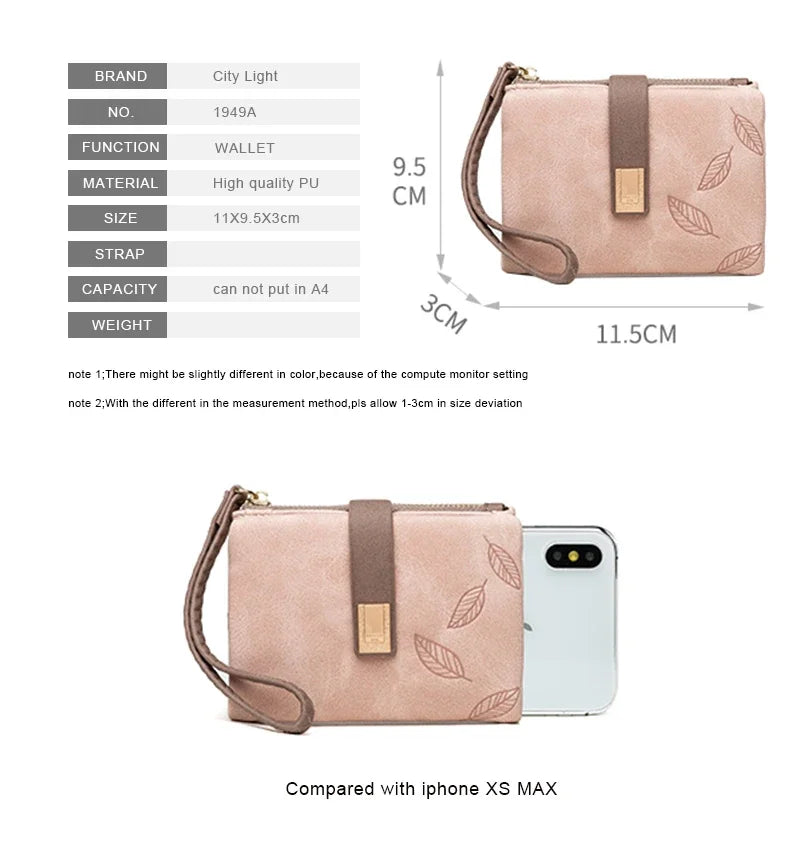 Fashion Female Wallet Short Leaf Print Purse Women Small Nubuck Leather Purse with Wrist Strap