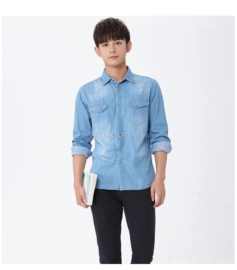 SHAN BAO classic brand double pocket button 100% cotton denim shirt 2022 spring high quality men's slim long-sleeved shirt