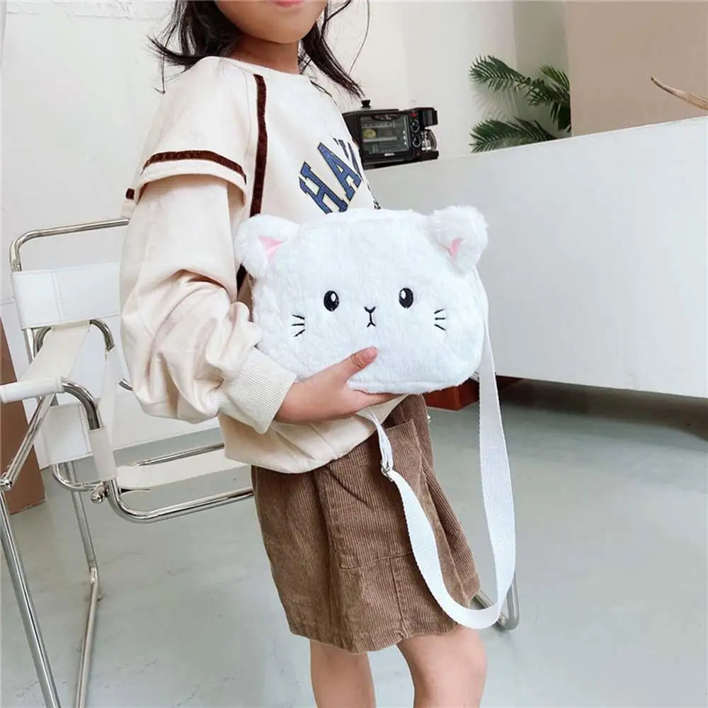 Plush Cartoon Children's Messenger Bag Cute Cat Lovely Kids Crossbody Handbags Zipper Little Girl Purse Gift For Child